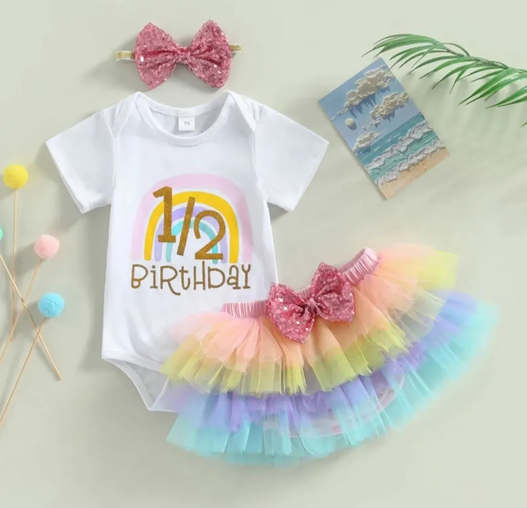 1/2 Birthday Rainbow Romper with Rainbow Ruffle Bloomer and Headband #1001174