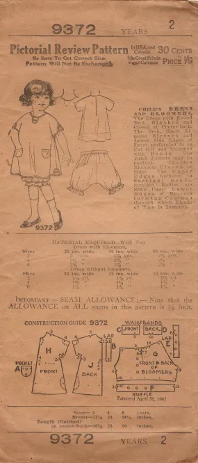 1920's Pictorial Child's Slip-On Dress Pattern and Bloomers - Size 2 - No. 9372