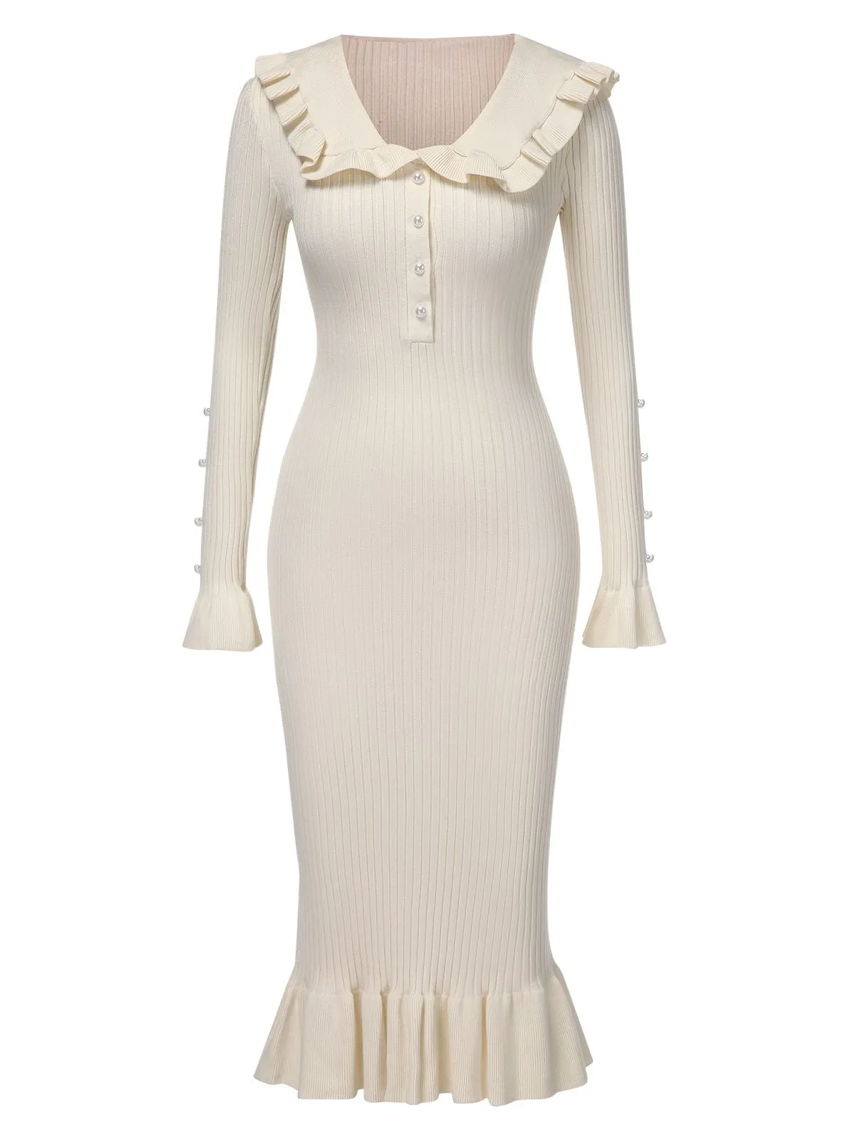 1930s Lapel Knitted Colorblock Fishtail Dress