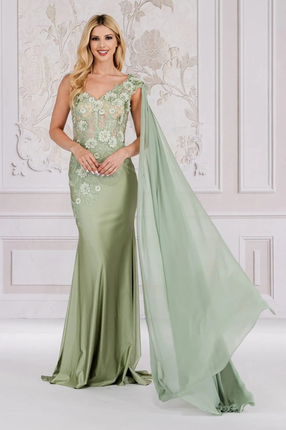 3D Floral One Shoulder Cape Gown by Amelia Couture 388