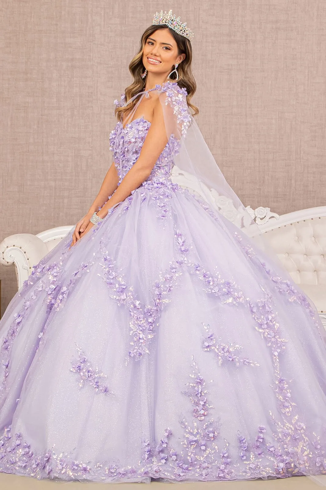 3D Floral Strapless Cape Ball Gown by Elizabeth K GL3103