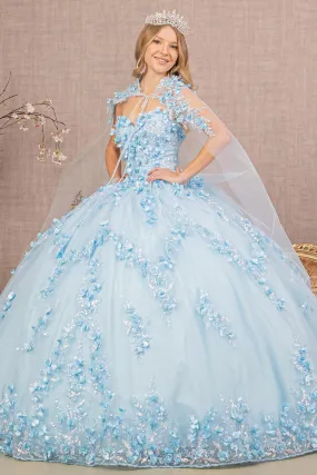 3D Floral Strapless Cape Ball Gown by Elizabeth K GL3103