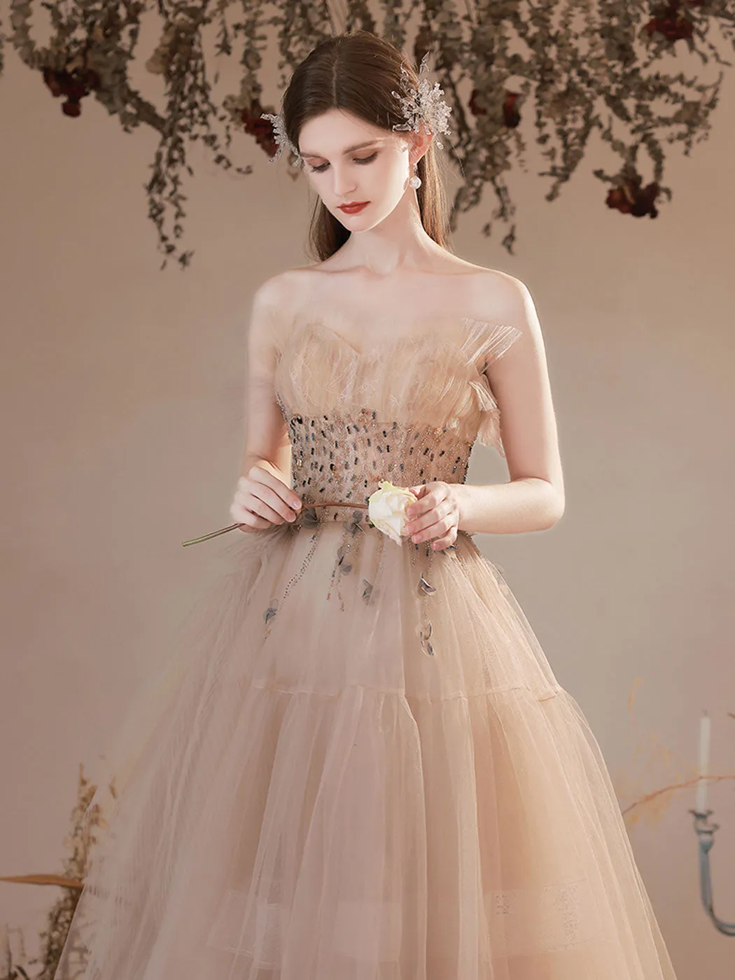 A Line Champagne Long Prom Dresses, Champagne Formal Graduation Dress With Beading sequin