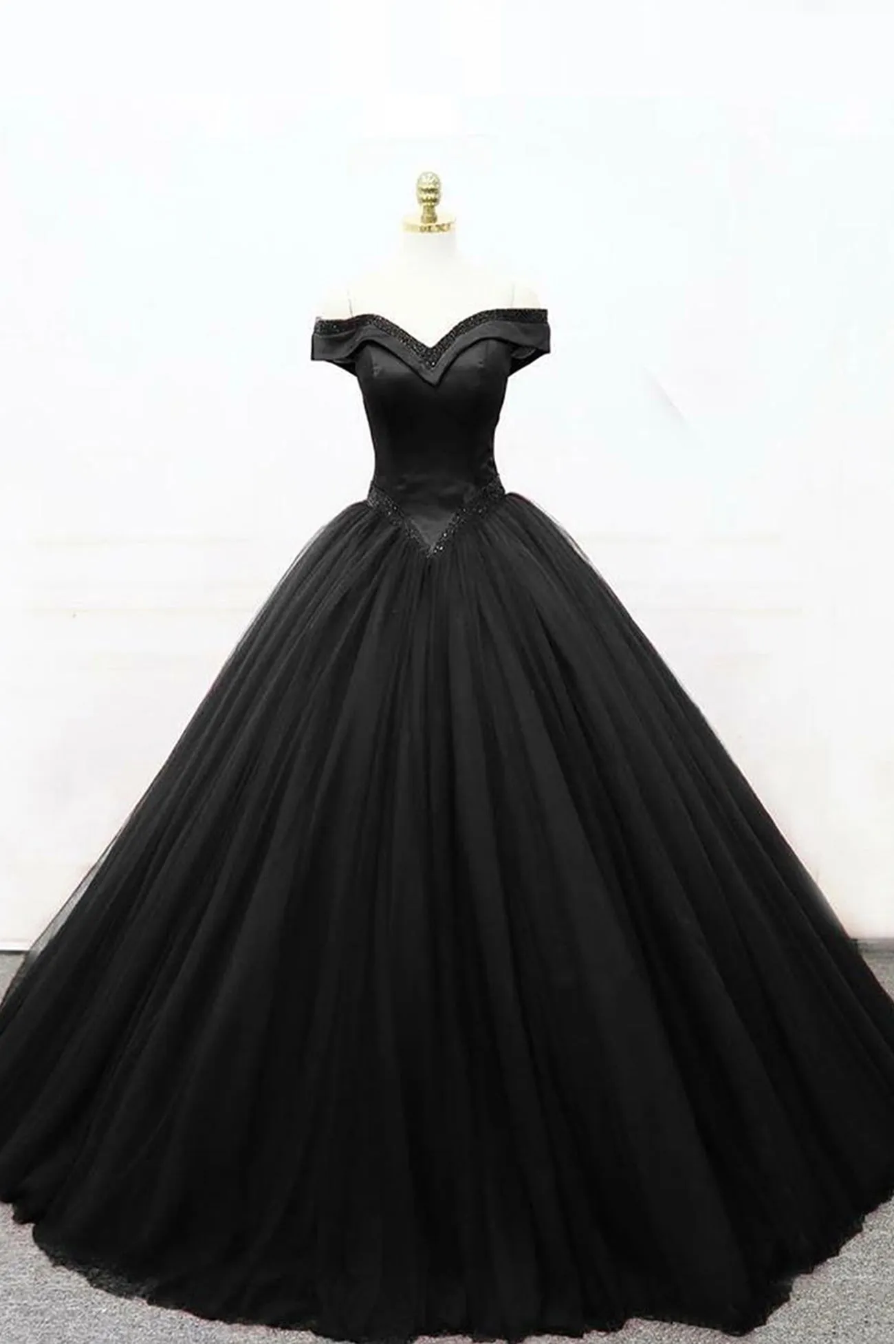 A-Line Tulle Beading Long Prom Dresses, Off the Shoulder Evening Dresses