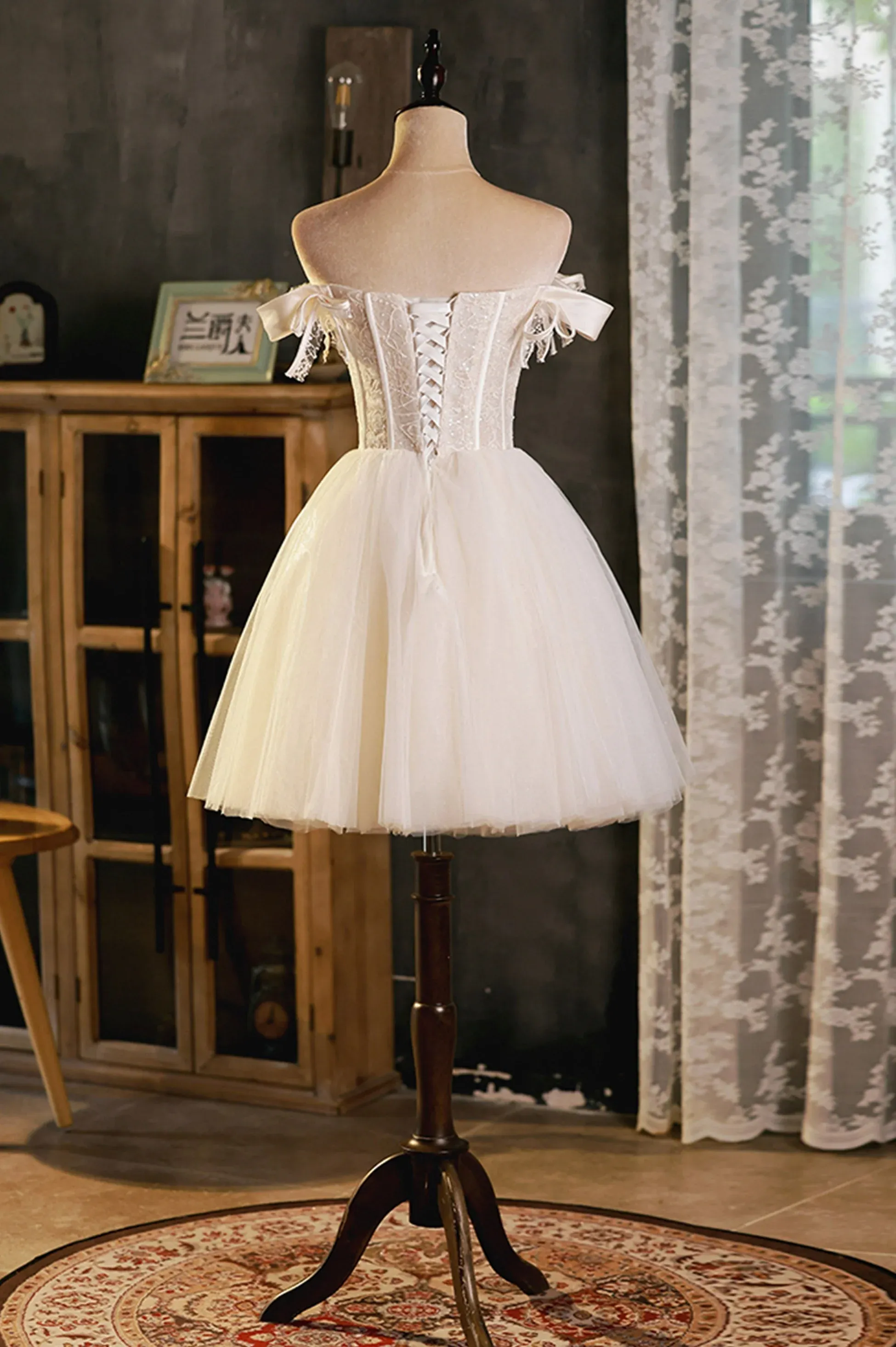 A-Line Tulle Short Prom Dress, Cute Off the Shoulder Party Dresses      fg5824