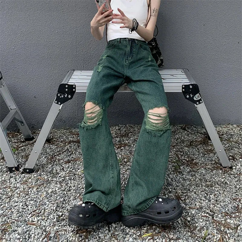 Advbridge  -  Women's Green Perforated Design Straight Wide Legs Vintage Jeans Cool Girl High Waisted Pants Female Retro Denim Trousers