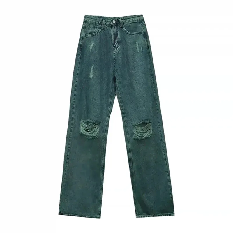 Advbridge  -  Women's Green Perforated Design Straight Wide Legs Vintage Jeans Cool Girl High Waisted Pants Female Retro Denim Trousers