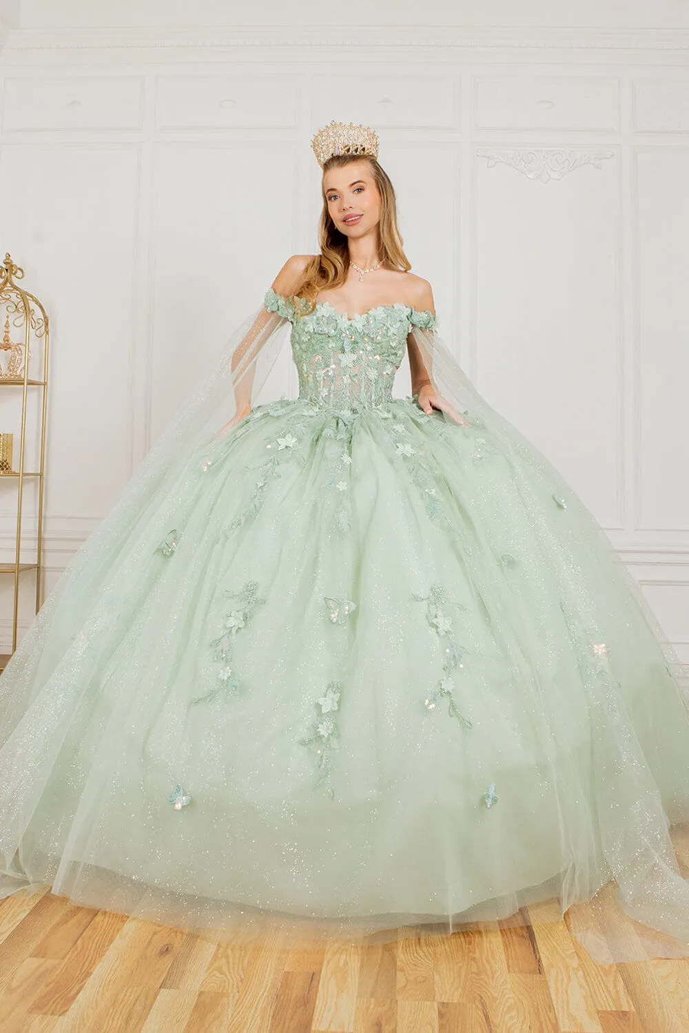 Applique Cape Sleeve Ball Gown by Cinderella Couture 8075J