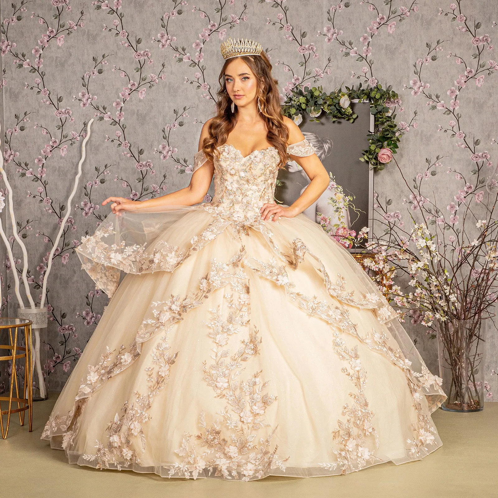 Applique Off Shoulder Layered Ball Gown by GLS Gloria GL3240