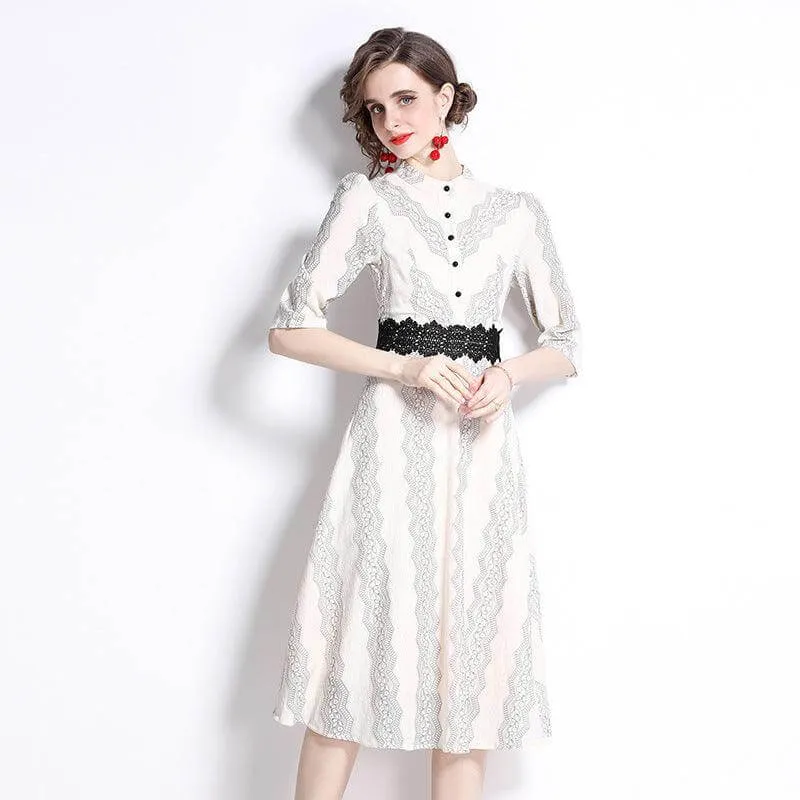 Apricot Lace Embroidered 7-Point Sleeve Dress for Elegant Occasions