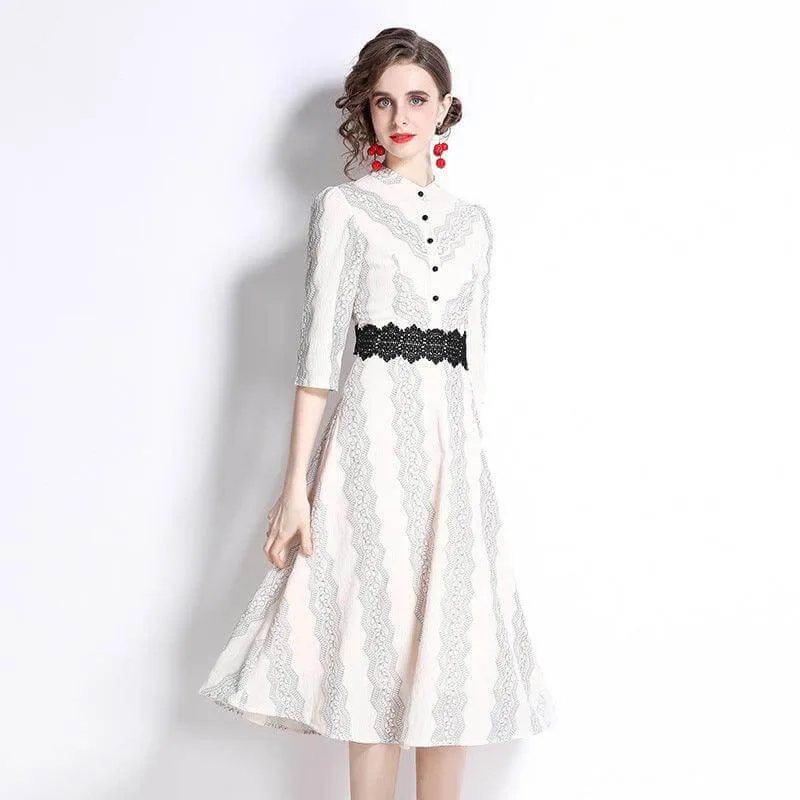 Apricot Lace Embroidered 7-Point Sleeve Dress for Elegant Occasions