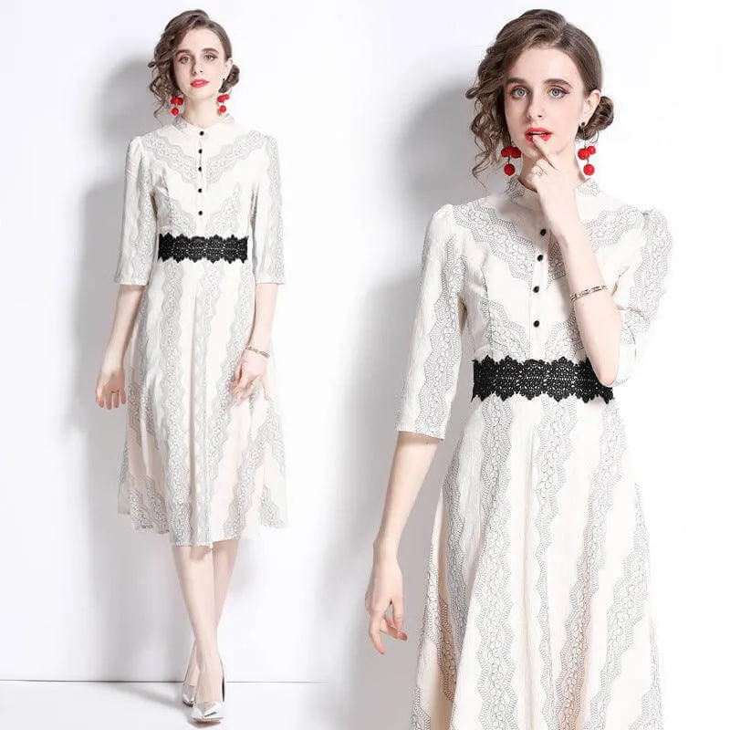 Apricot Lace Embroidered 7-Point Sleeve Dress for Elegant Occasions