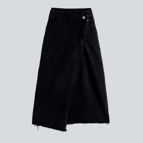 Asymmetric black long denim skirt