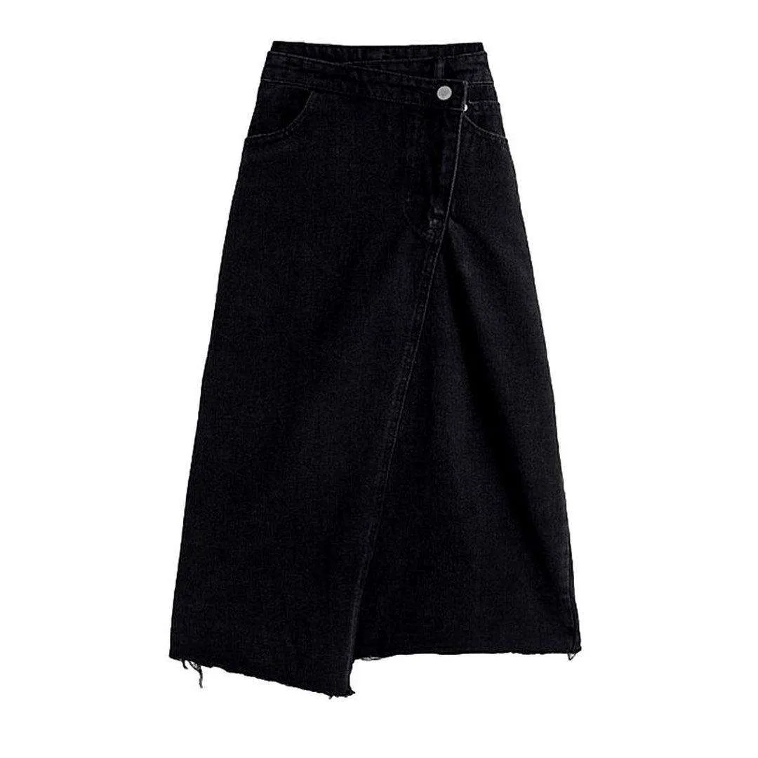 Asymmetric black long denim skirt