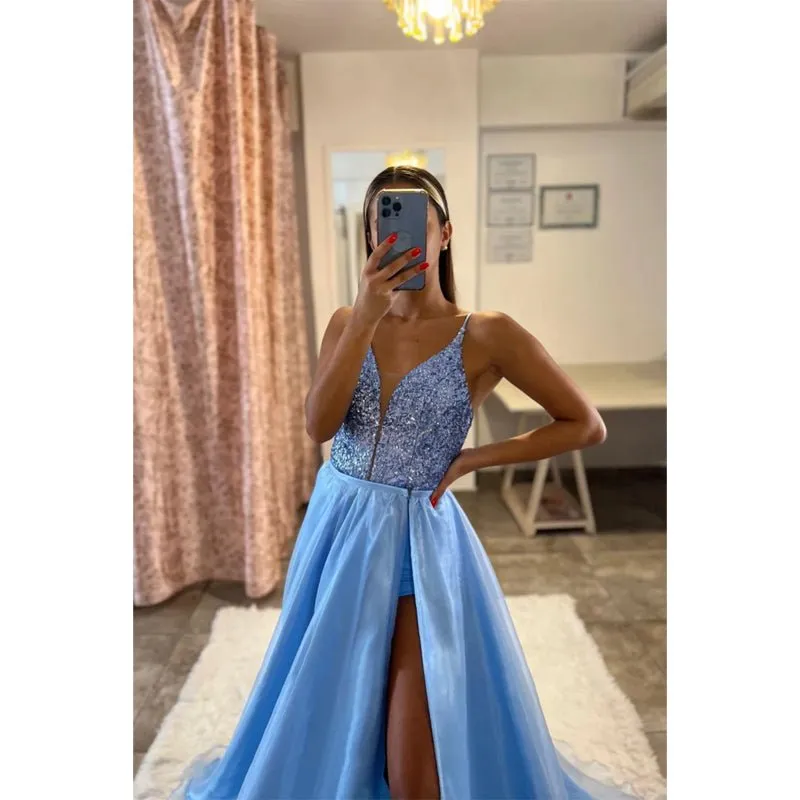 Attrctive V-neck Sequins High Split Long Prom Dress