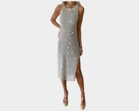 B. Side Slit Silver Gray and Sequins Mesh Resortwear Statement Dress - The St. Tropez