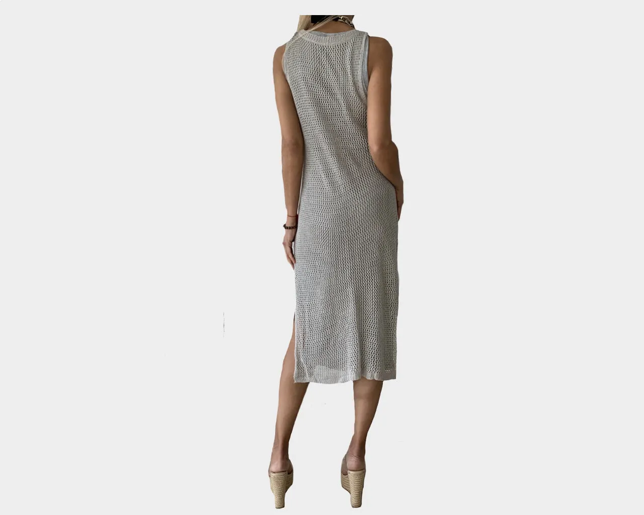 B. Side Slit Silver Gray and Sequins Mesh Resortwear Statement Dress - The St. Tropez