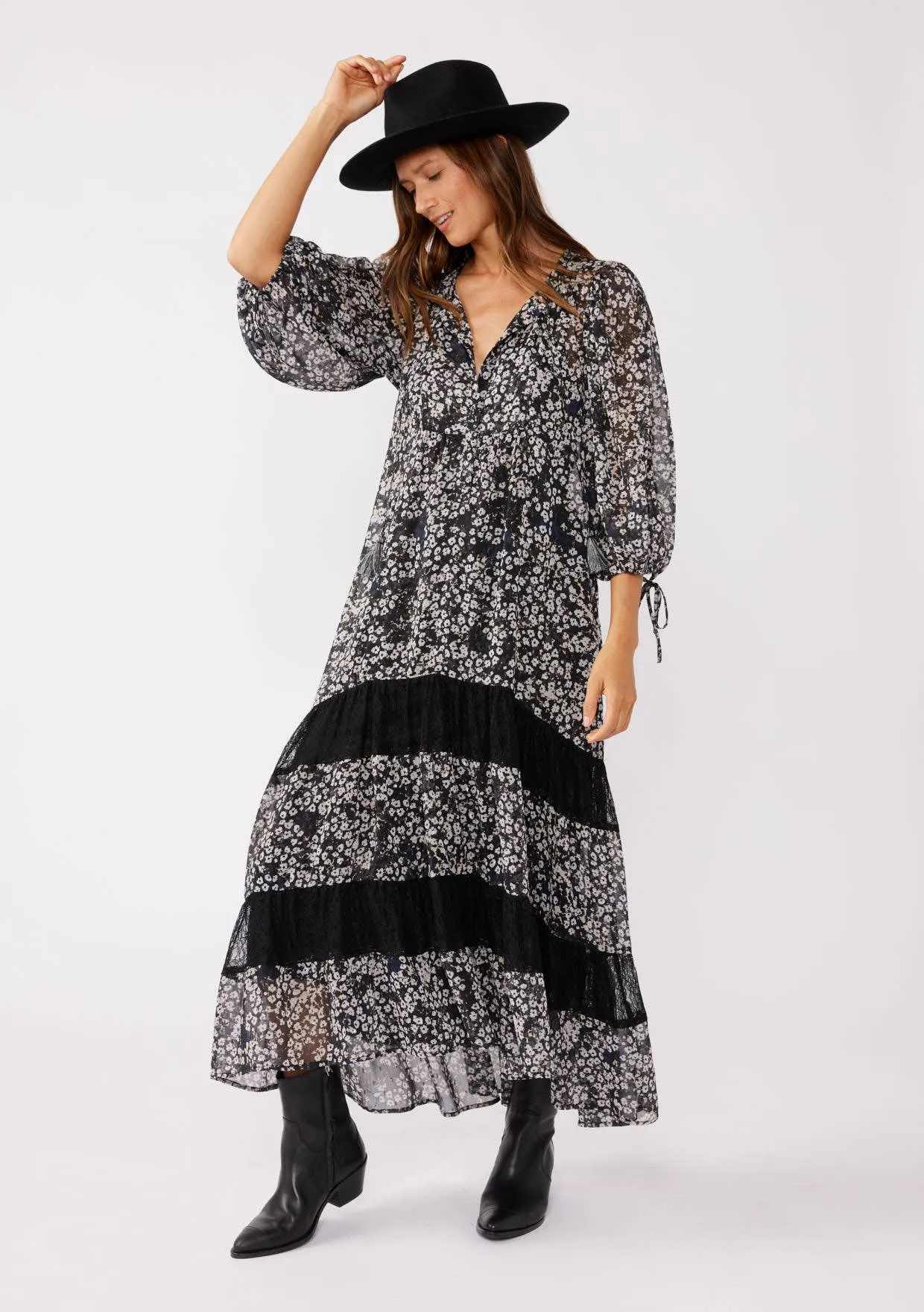 Balloon Sleeve Tiered Maxi Dress