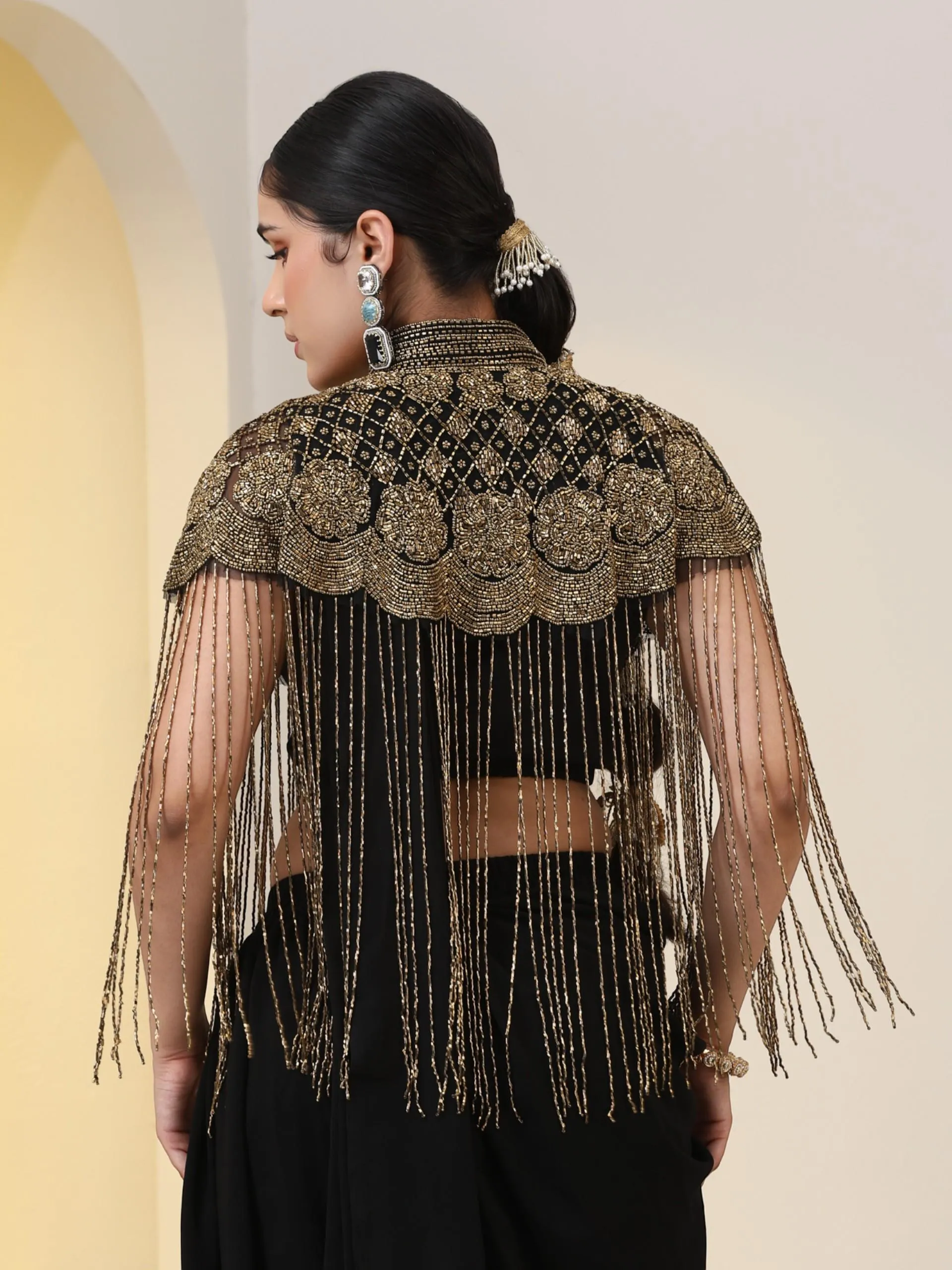 Beaded Black Cape with Long Sequins