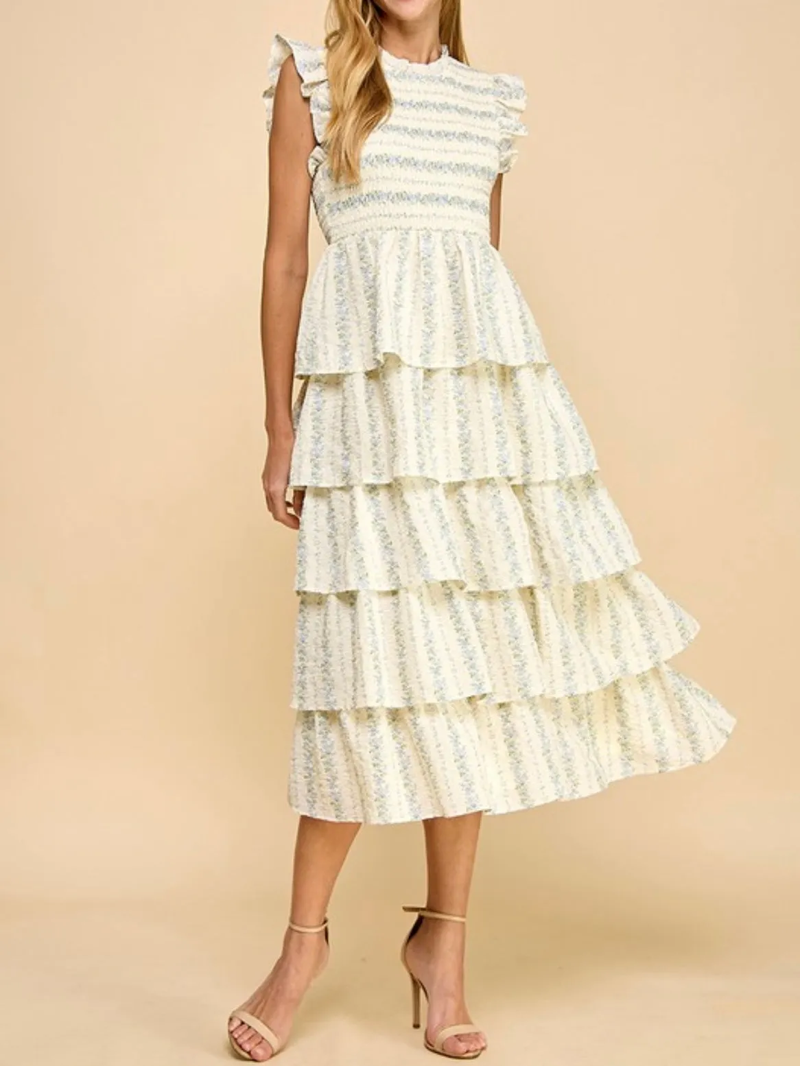 Beige and floral stripes layered ruffled midi dress