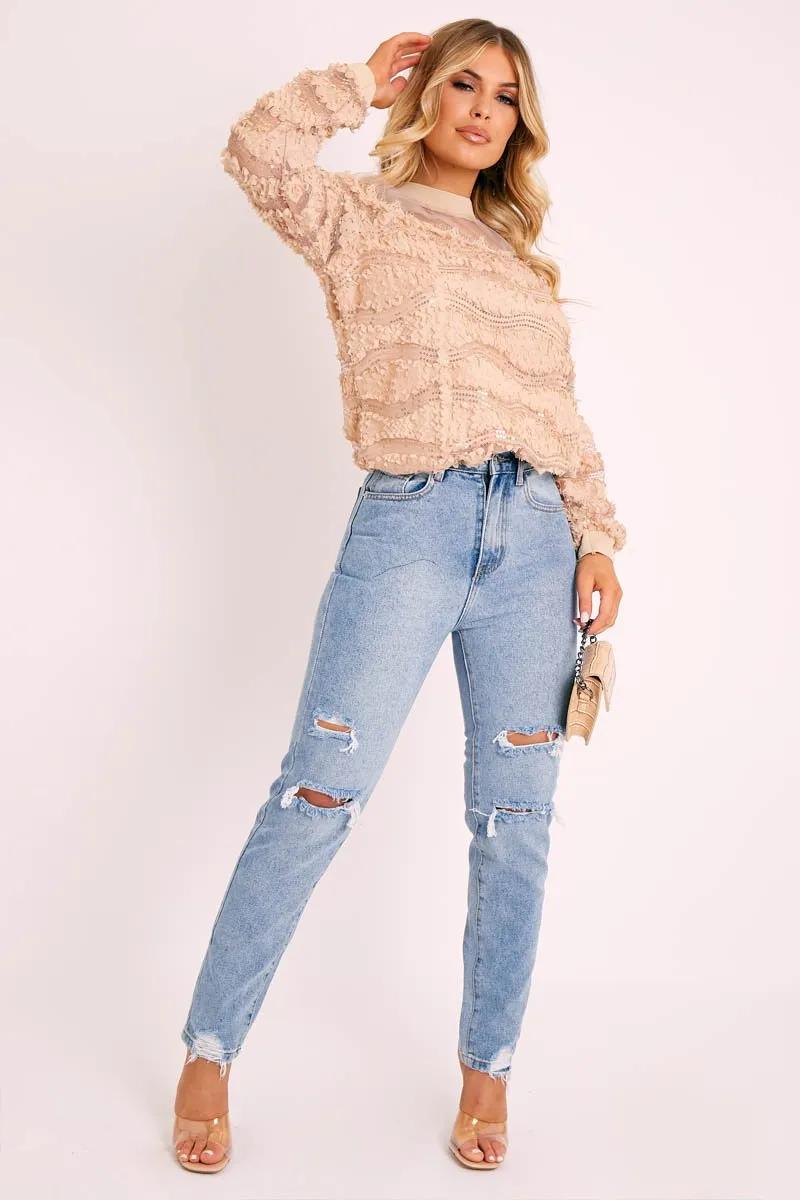 Beige Mesh Top Sequin Detail Top - Iria