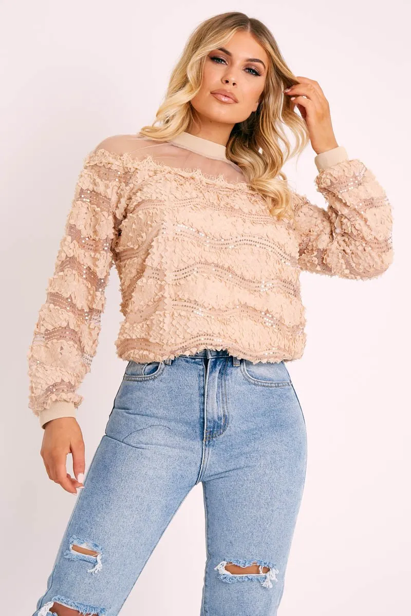 Beige Mesh Top Sequin Detail Top - Iria