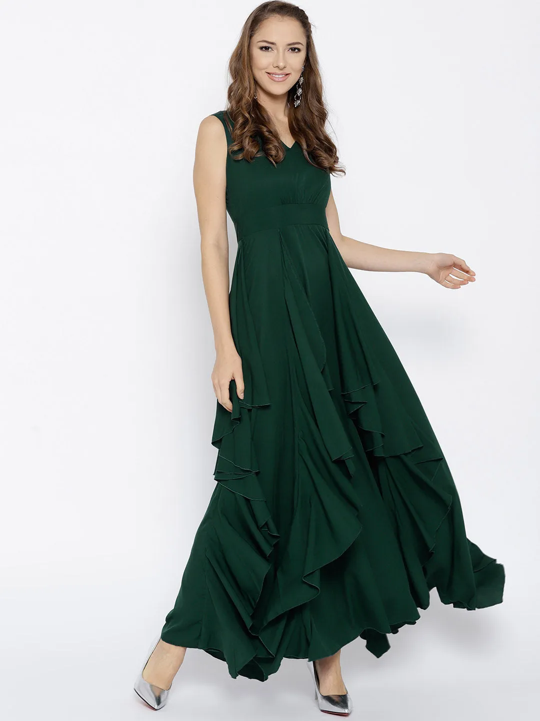 Berrylush Women Solid Green V-Neck Crepe Asymmetrical Hem Ruffled Maxi Dress