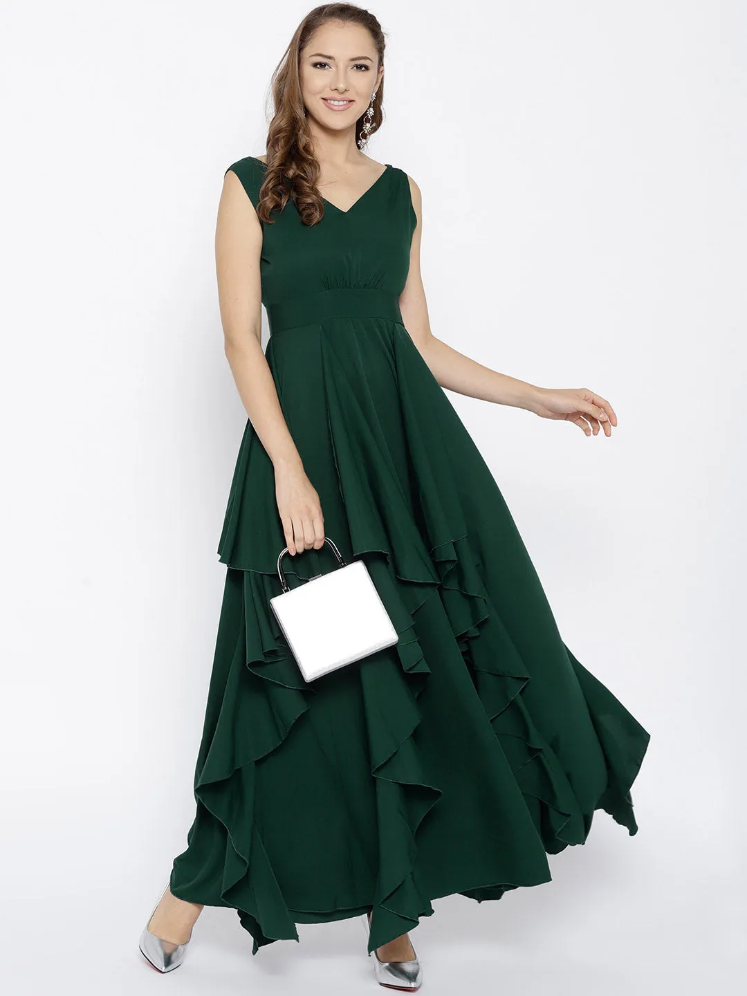 Berrylush Women Solid Green V-Neck Crepe Asymmetrical Hem Ruffled Maxi Dress