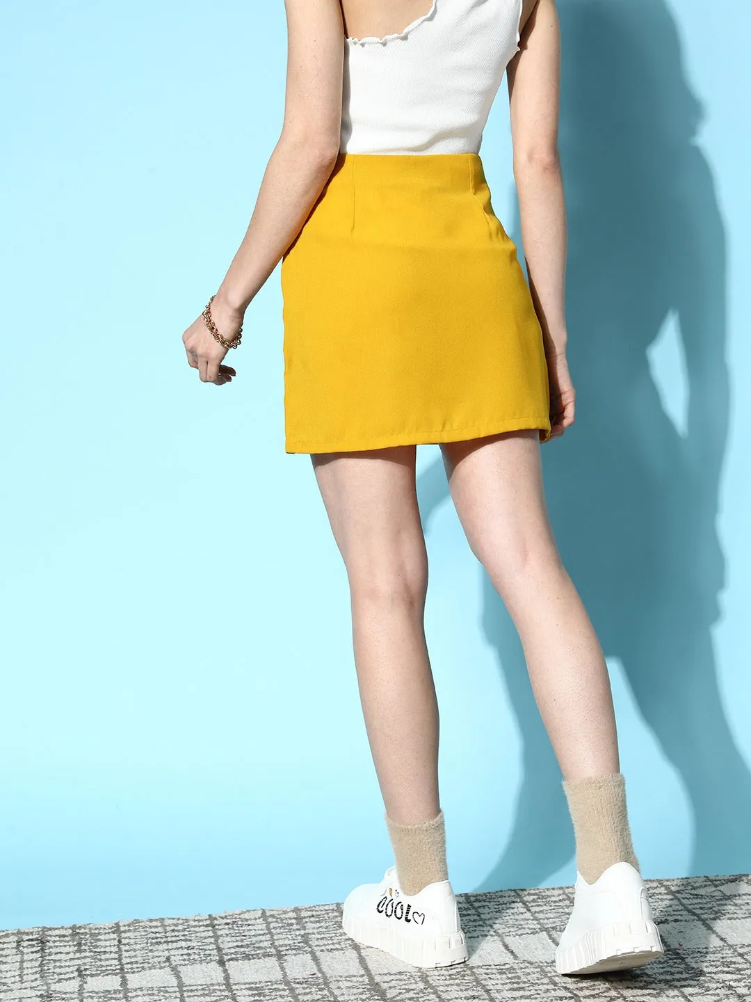 Berrylush Women Solid Yellow Crepe Straight Hem Front-Slitted Pencil Mini Skirt