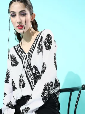 Berrylush Women White & Black Floral Printed V-Neck Wrap Top