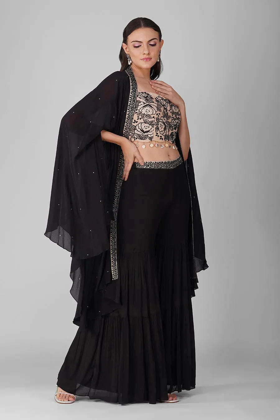 Black Embroidered Cape And Gharara Set