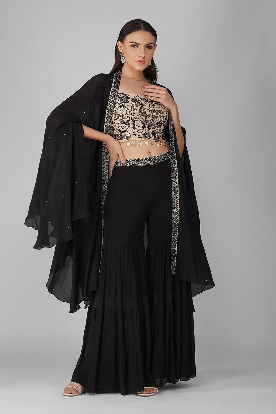 Black Embroidered Cape And Gharara Set