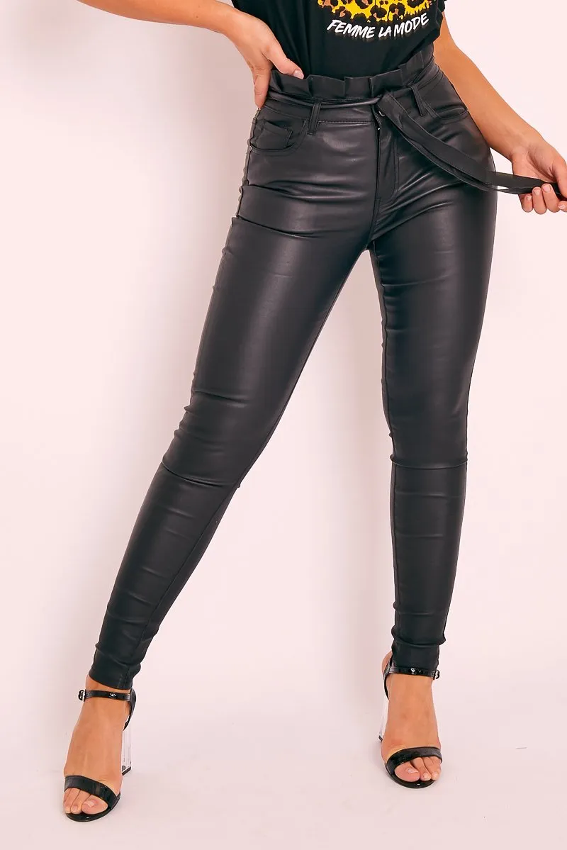 Black Faux Leather Belted Jeans - Braylea