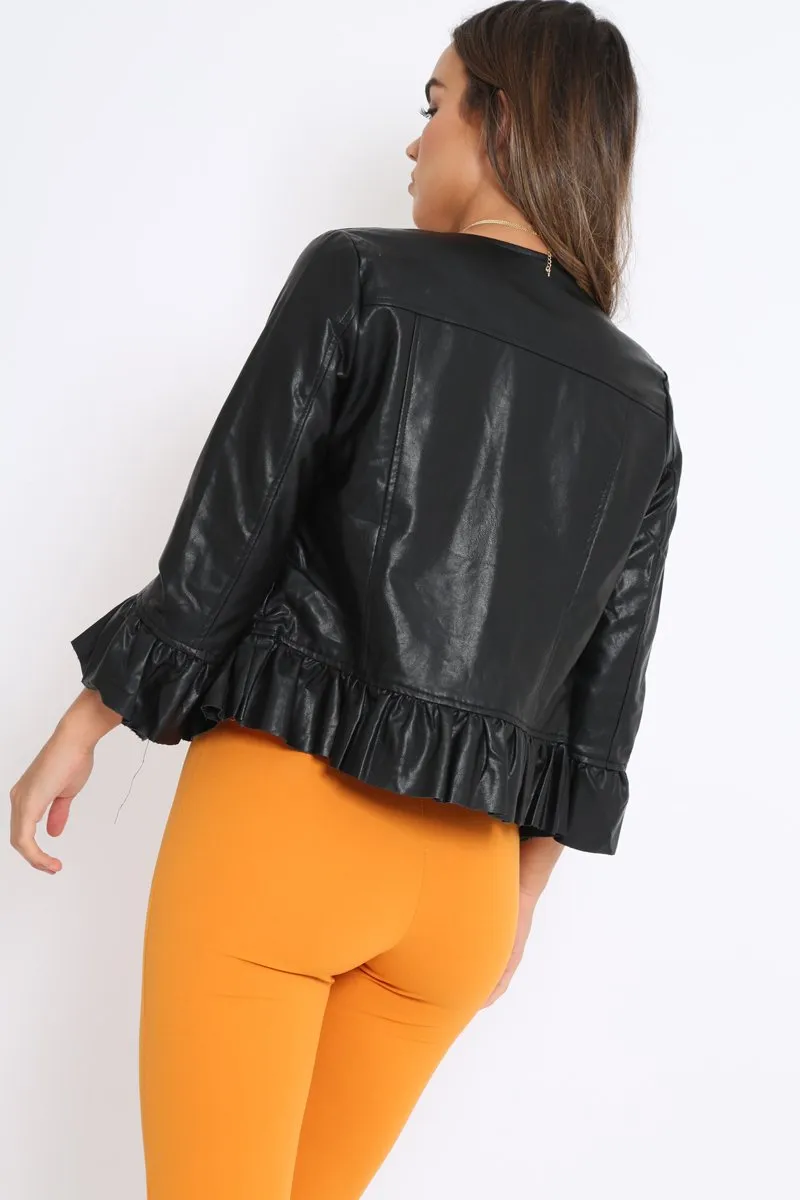 Black Faux Leather Frill Hem Jacket - Cherrie