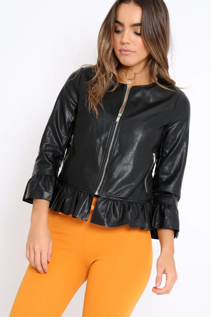 Black Faux Leather Frill Hem Jacket - Cherrie