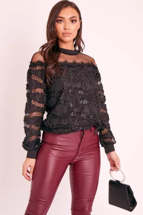 Black Mesh Top Sequin Detail Top - Iria