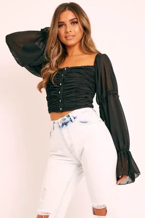 Black Ruffle Pearl Button Long Sleeve Crop Top - Demi