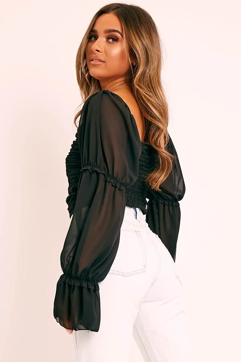 Black Ruffle Pearl Button Long Sleeve Crop Top - Demi