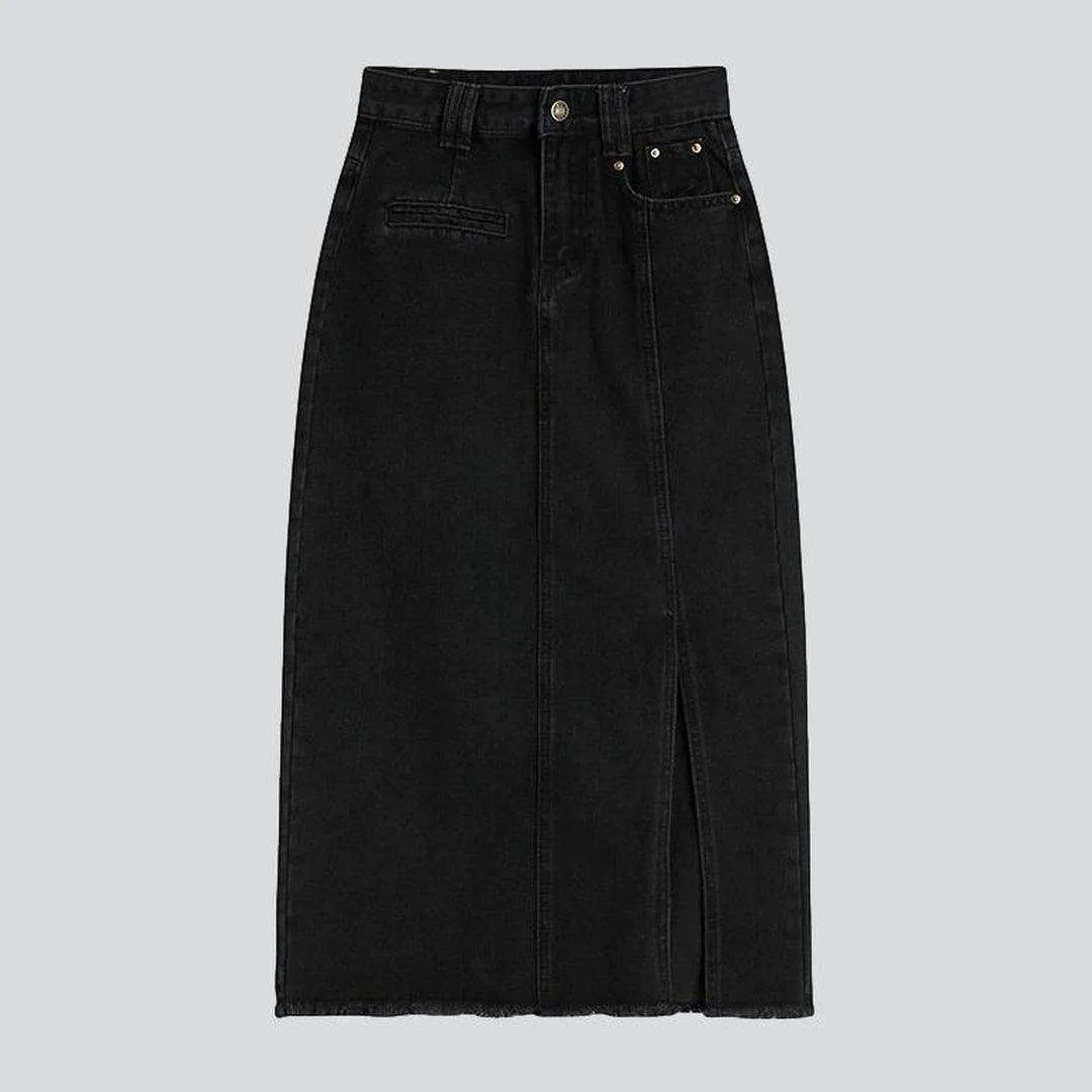 Black slit long denim skirt