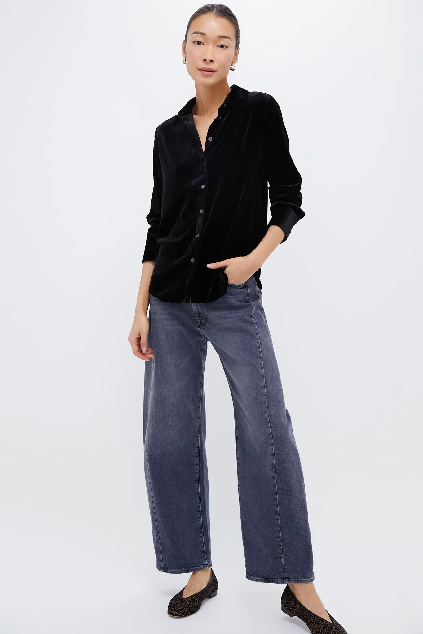 Black Stretch Silk Velvet Genevieve Shirt