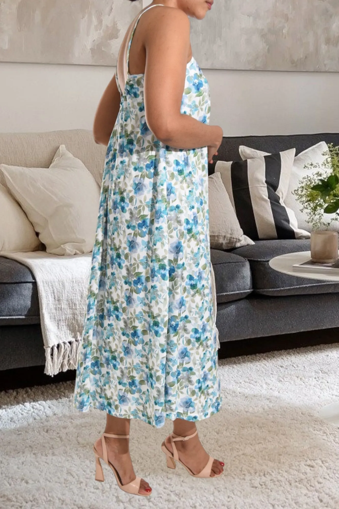 Blue And Green Floral Strappy Maxi Dress