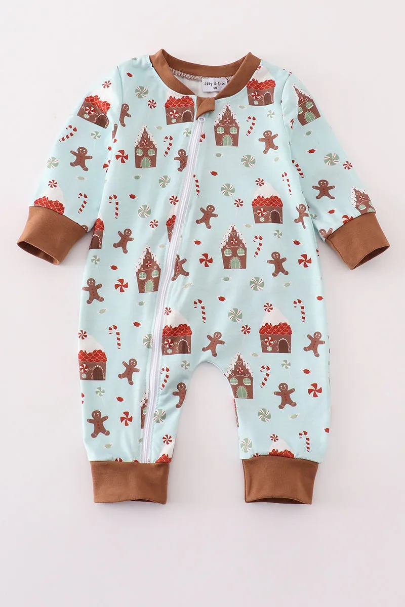 Blue christmas gingerbread boy zip romper