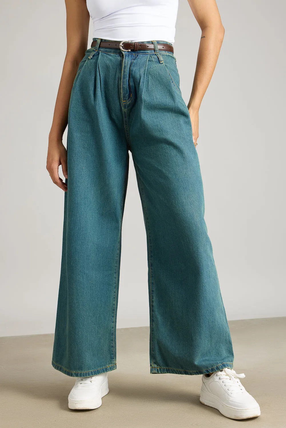 Blue Darted Wide Leg Denim Jeans