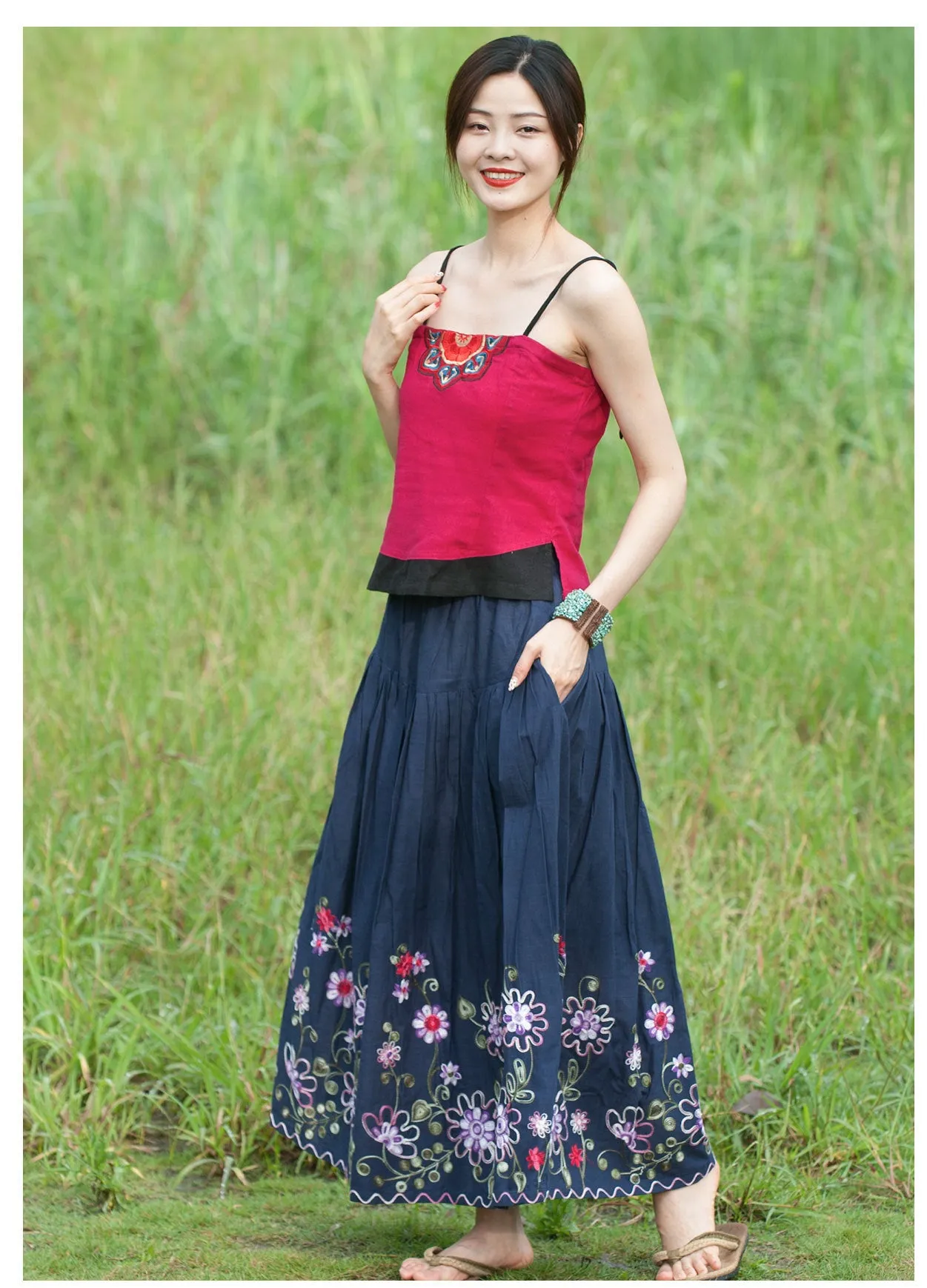 Bohemian Floral Cotton Maxi Skirt for Holidays