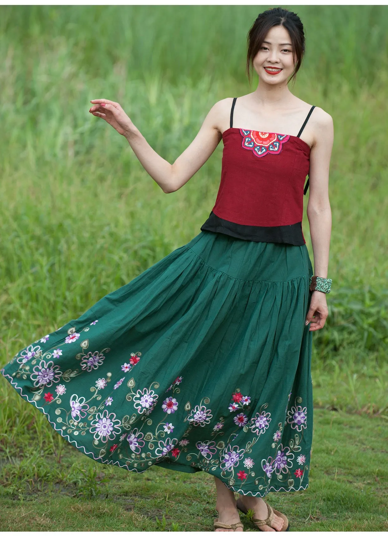 Bohemian Floral Cotton Maxi Skirt for Holidays