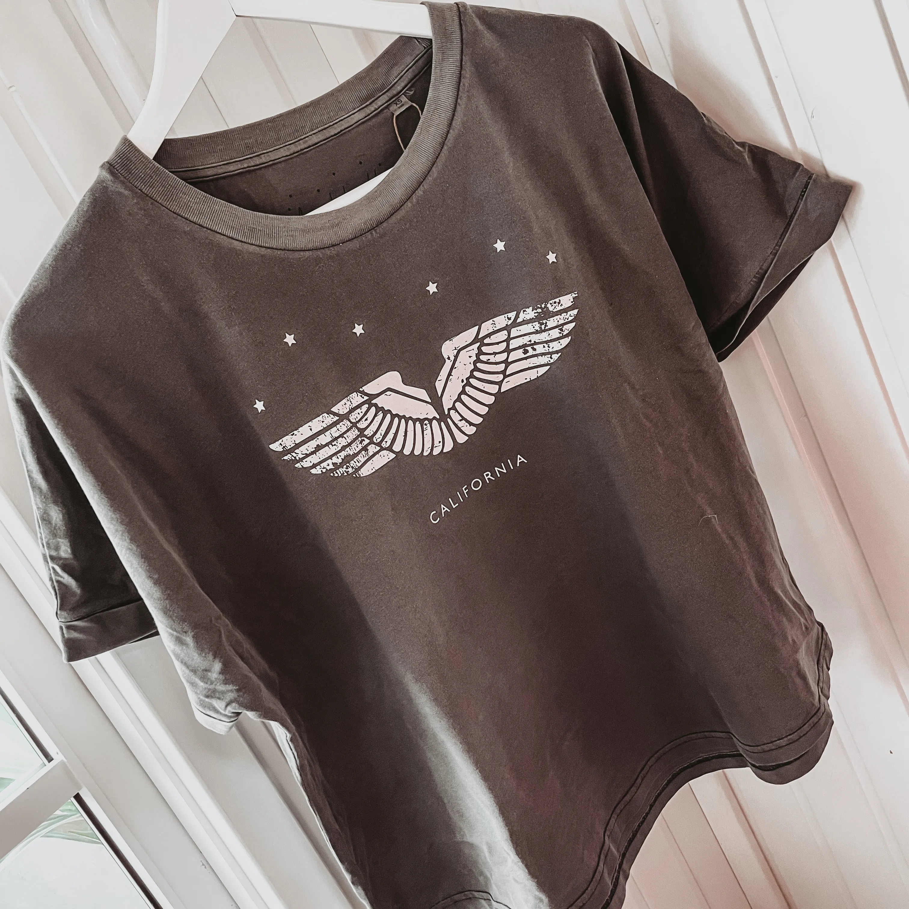 Boxy vintage grey washed wings & stars  tee *boxy relaxed fit*