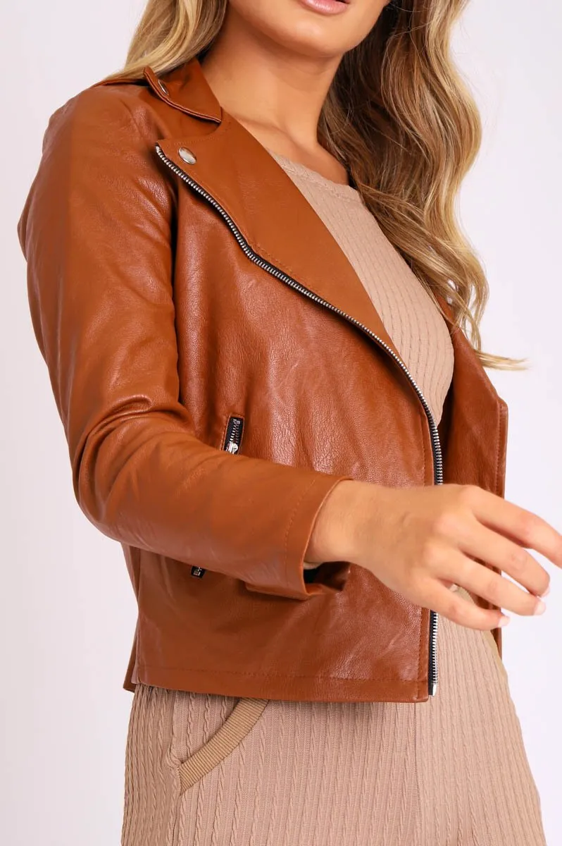 Brown Faux Leather Pocket Detail Zip Front Jacket - Lara