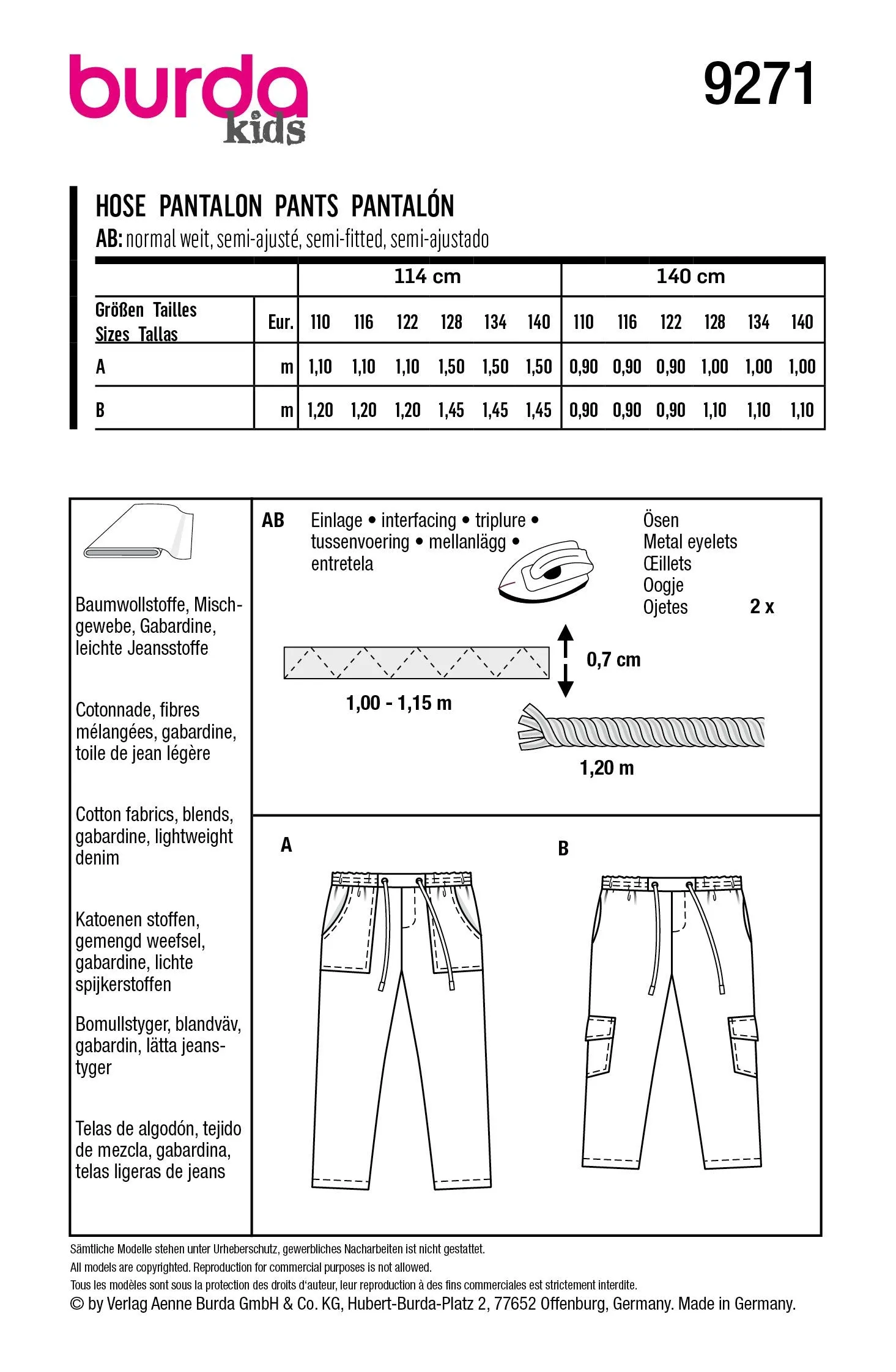 Burda Sewing Pattern 9271 Boys / Girls Slip-on Trousers