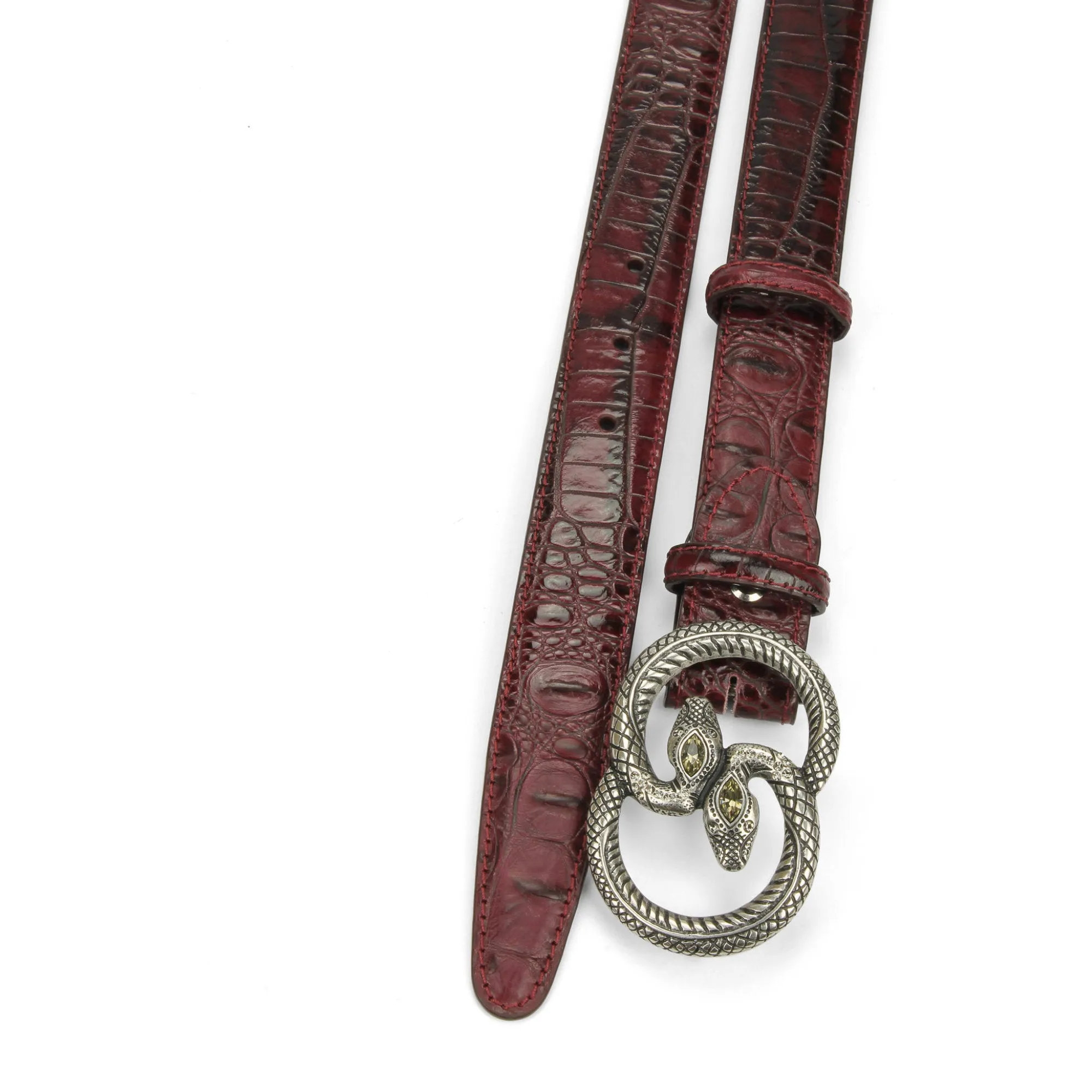 Burgundy Narrow Croc Effect Crystal Snake Belt