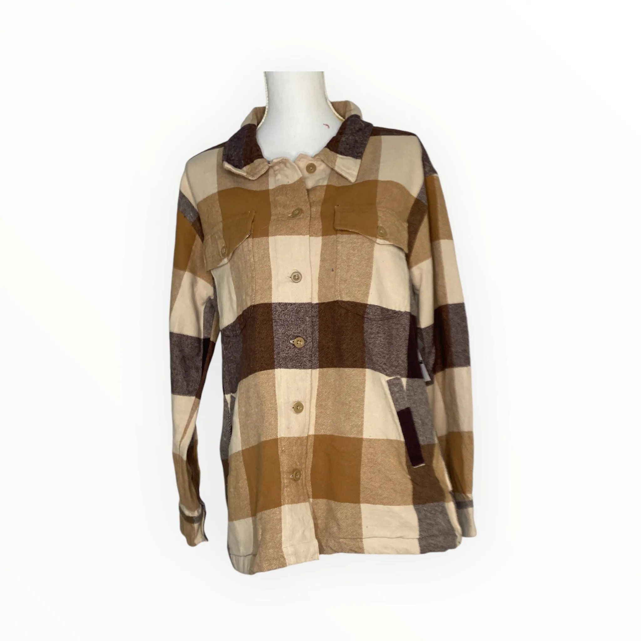 Camel Buffalo Plaid Cotton Shacket w/welt Pockets